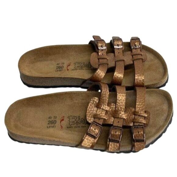 Birkis Brown Textured Leather Sandals With Adjustable Straps & Cork Footbed Wome - Picture 1 of 4